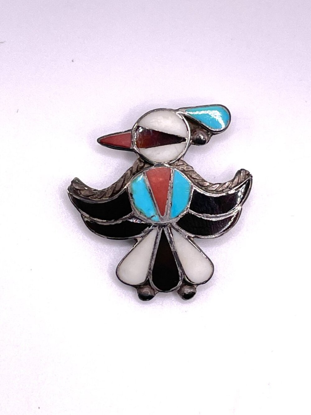 Vintage Zuni Thunderbird Inlay Pin Brooch Signed Rex Native American